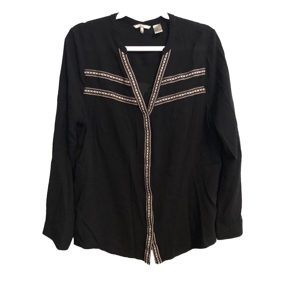 BKE Womens Top Medium Black Aztec Tribal Long Sleeve Button-Up V-Neck Blouse